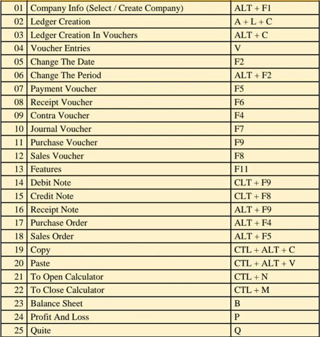 Tally Shortcut Keys